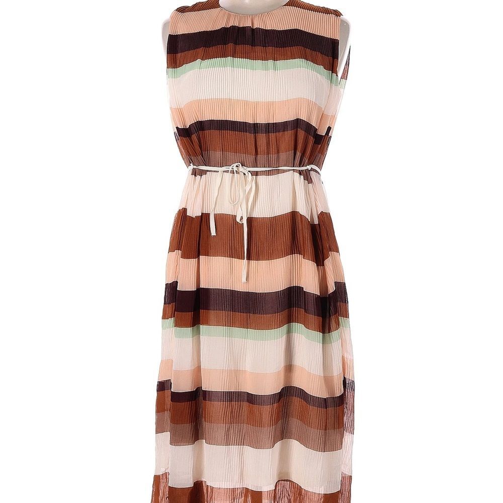 H&M Dress Striped Pleated Chiffon Sleeveless Size 4 Cream Brown Office Party - Picture 3 of 10